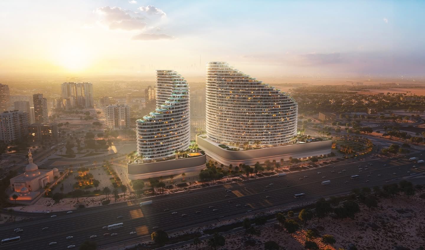 Binghatti SkyFlame - منظر جوي عند الغسق